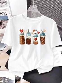 Limited Time Offer, Limited Quantities, Flash ! Women's Casual Shirts, Women's Polyester T-Shirts, Elegant Shirts. Women's Short-Sleeved, Round-Neck Sports T-Shirt With Ice Cream, Coffee, Caramel, And Tea Prints, Perfect For Summer. - 白色 - 查看 2