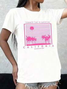 Camiseta Premium de Cuello Redondo para Mujer, Estilo Verano California, Blanca, Elegante, Edición Limitada, Estampado de Moda, Lavable, para Uso Diario y de Fin de Semana, Ropa de Primavera/Verano, Ideal para el Día de la Madre, Uso Diario, Vacaciones, Fiestas, Ecológica. - Blanco - Ver 1