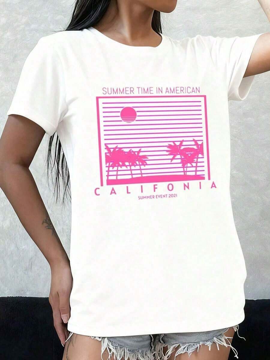 Camiseta Premium de Cuello Redondo para Mujer, Estilo Verano California, Blanca, Elegante, Edición Limitada, Estampado de Moda, Lavable, para Uso Diario y de Fin de Semana, Ropa de Primavera/Verano, Ideal para el Día de la Madre, Uso Diario, Vacaciones, Fiestas, Ecológica. - Blanco - Ver 1