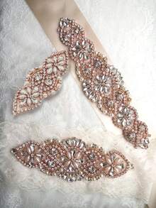 Juego de 3 piezas de accesorios nupciales en oro rosa, que incluye clips de strass en oro rosa, cinturón a juego, liga, cadena de strass adhesiva, para boda - Multicolor - Ver 5