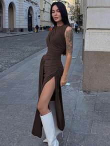 Vestido sin mangas cuello redondo verano pliegues abertura corte ajustado elegante moderno estilo único para mujer - Marrón - Ver 8