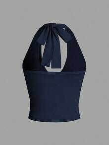 Top de tirantes de cuello halter sin espalda con cuello en V de color liso, uso casual diario - azul real - Ver 2