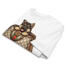 1 Piece, Vintage-Style Top With A Luxury Bag Print And Adorable Puppy, Urban-Style Pattern, Couple's Clothing, Sizes S-3XL, Unisex, Urban Fashion, Summer Casual, Elegant Style For Women, Cotton Crew Neck T-Shirt For Everyday Wear. | Perfect Holiday Gift | 100% Cotton Fabric | Soft And Comfortable | Crew Neck T-Shirt | - 白色 - 查看 3