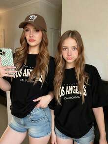 1 Piece Girls' Short Sleeve Crew Neck Slogan Print T-Shirt, Comfortable, Soft, And Fashionable Casual Children's Clothing, 100% Cotton - 黑色 - 查看 1