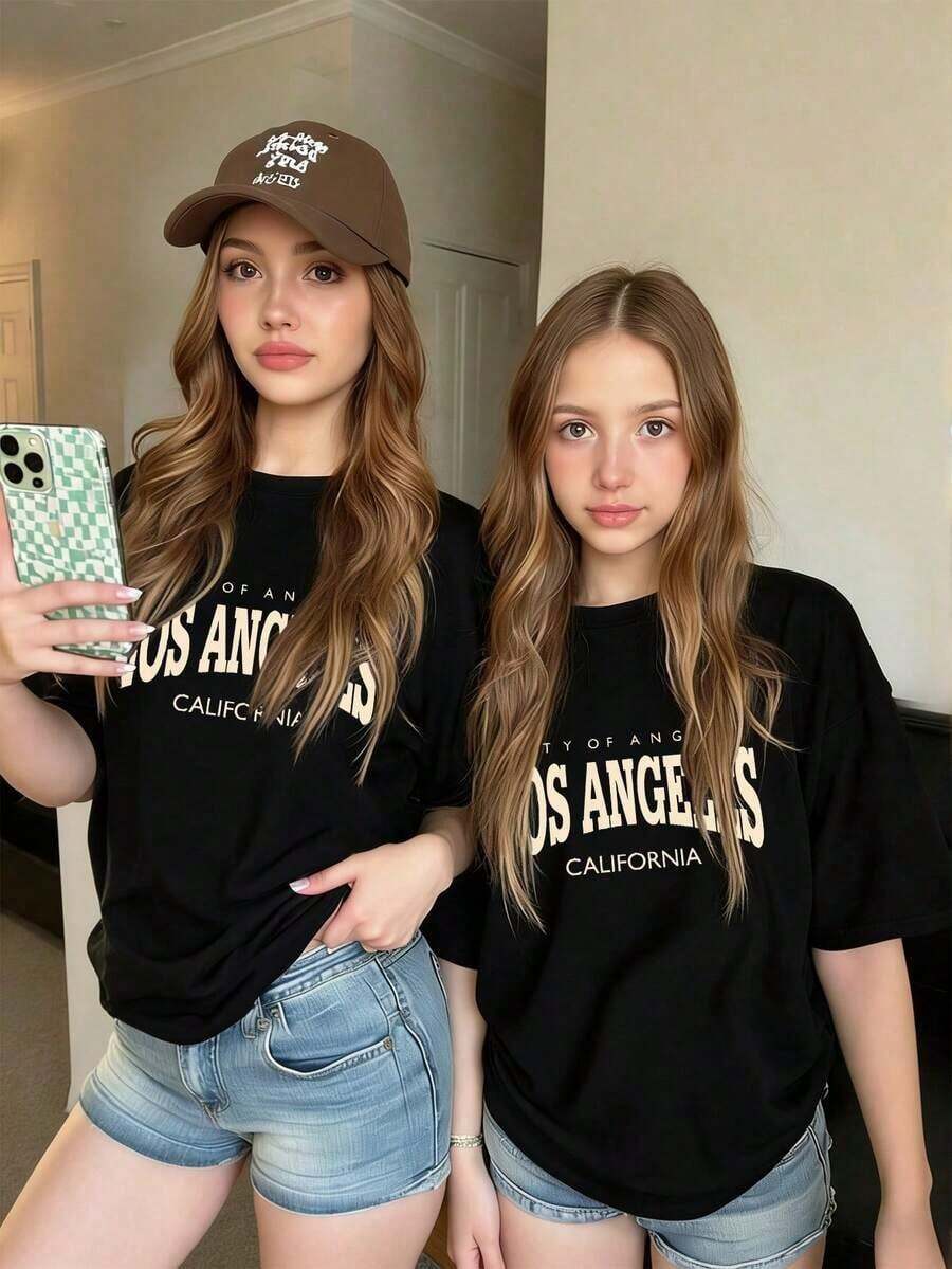 1 Piece Girls' Short Sleeve Crew Neck Slogan Print T-Shirt, Comfortable, Soft, And Fashionable Casual Children's Clothing, 100% Cotton - 黑色 - 查看 1