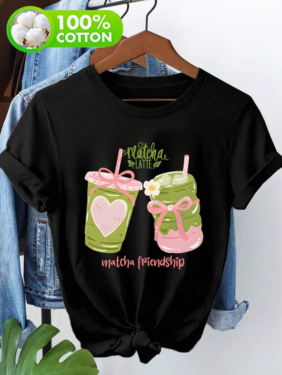 100% Pure T-Shirt With Outdoor Theme Print, Short Sleeve T-Shirt For Women, Casual T-Shirt With Matcha Latte Heart Print. - 黑色 - 查看 1