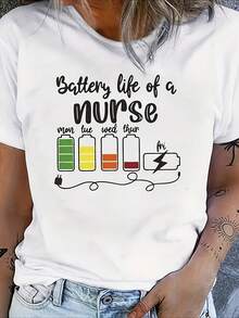 1 Funny Nurse Battery Design T-Shirt For Women - Humorous Nursing Apparel With Battery Icon And Slogan, Soft And Breathable Blend, Lightweight Short-Sleeved Crew Neck T-Shirt, Suitable For Healthcare Workers, Casual And Leisure Wear, Machine Washable, For All Seasons, 180g 100% Cotton. - 白色 - 查看 1