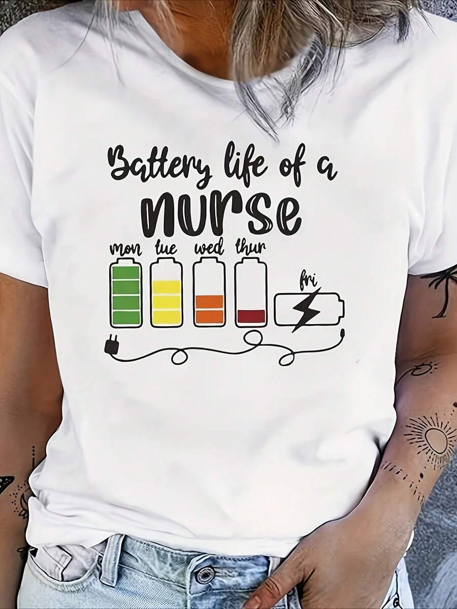 1 Funny Nurse Battery Design T-Shirt For Women - Humorous Nursing Apparel With Battery Icon And Slogan, Soft And Breathable Blend, Lightweight Short-Sleeved Crew Neck T-Shirt, Suitable For Healthcare Workers, Casual And Leisure Wear, Machine Washable, For All Seasons, 180g 100% Cotton. - 白色 - 查看 1