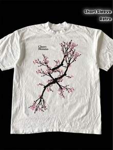 -Men's Retro Gothic Shirt, Harajuku Style --Peach Blossom Pattern Shirt, Suitable For Concerts, Parties And Casual Occasions--Round Neck And Short Sleeve Shirt For All Seasons, Concert Outfit, Retro Aesthetic, Unisex,-Shirt, Men's Summer Outfit. - White - View 1