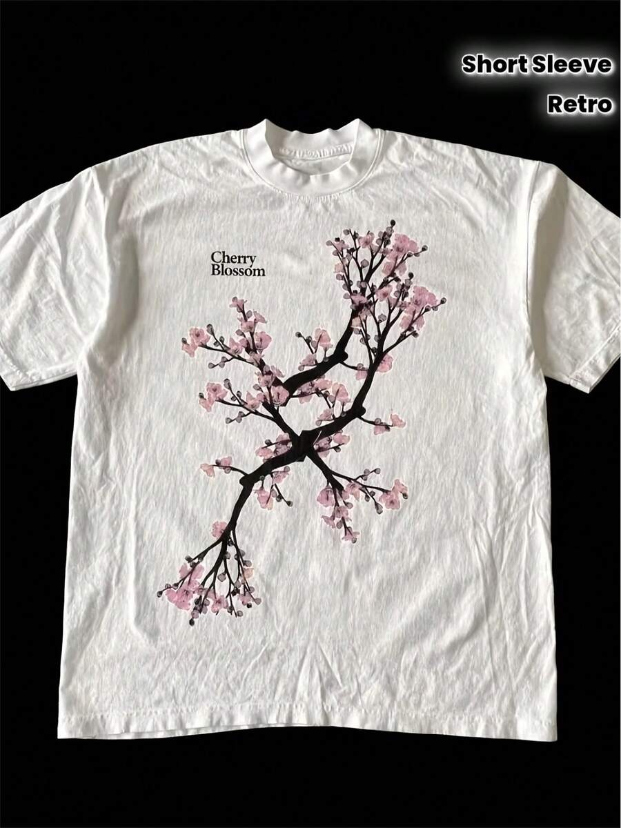 -Men's Retro Gothic Shirt, Harajuku Style --Peach Blossom Pattern Shirt, Suitable For Concerts, Parties And Casual Occasions--Round Neck And Short Sleeve Shirt For All Seasons, Concert Outfit, Retro Aesthetic, Unisex,-Shirt, Men's Summer Outfit. - White - View 1
