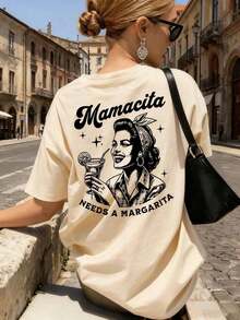 Camiseta casual de mujer con cuello redondo y manga corta con estampado de letras, camiseta gráfica, primavera/verano - Albaricoque 3 - Ver 7