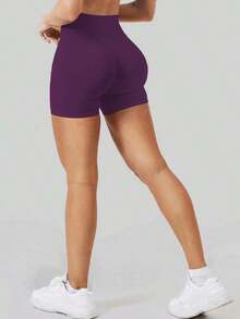 Pantalones cortos de yoga sin costuras de cintura alta para mujer - Levantamiento de glúteos elástico, adecuado para correr, fitness y actividades al aire libre| Apariencia de moda| Tela elástica de verano - Ciruela intensa - Ver 9