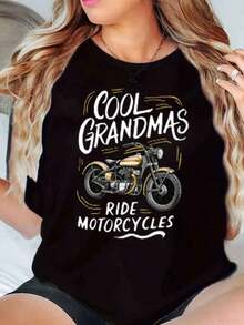 New Arrivals For Summer. Women's Crew Neck T-Shirt With Cool Grandmas Riding Motorcycle Graphic Print, Casual Summer Blouse, Shirt > Beautiful. - 黑色 - 查看 1