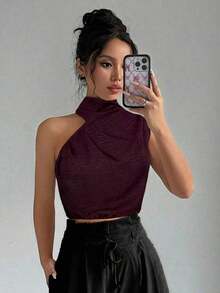 Blusa sin mangas de cuello alto de lino para mujer, blusa para ir al trabajo, camisa sin mangas asimétrica, adecuada para ir al trabajo, elegante, vacaciones, playa, estilo bohemio, Hawái, Día del Maestro, festival de música - Burdeos - Ver 3
