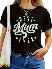 Women's Heart Print T-Shirt "World's Best Mom" - Casual Black Short Sleeve T-Shirt With White Lettering, Stretch Polyester Blend, Machine Washable, Perfect For Spring/Summer/Autumn, Everyday Wear T-Shirt | Fun Design | Comfortable Fit - Black - View 6