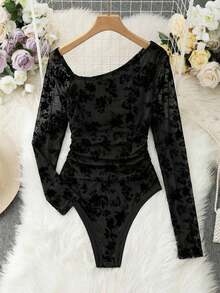 Body de manga larga con hombros transparentes y estampado de leopardo para mujer - Negro - Ver 8