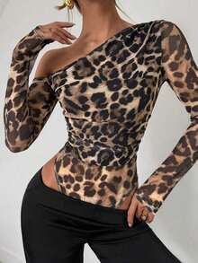 Body de manga larga con hombros transparentes y estampado de leopardo para mujer - Multicolor 2 - Ver 6