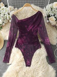 Body de manga larga con hombros transparentes y estampado de leopardo para mujer - Morado 2 - Ver 7