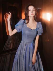Women's Long Multicolored Party Dress, Short Puff Sleeves With V-Neck, Shiny Charro-Style Fabric, Elegant Princess Style Ideal For Banquets And Graduations. - 藍色 - 查看 2