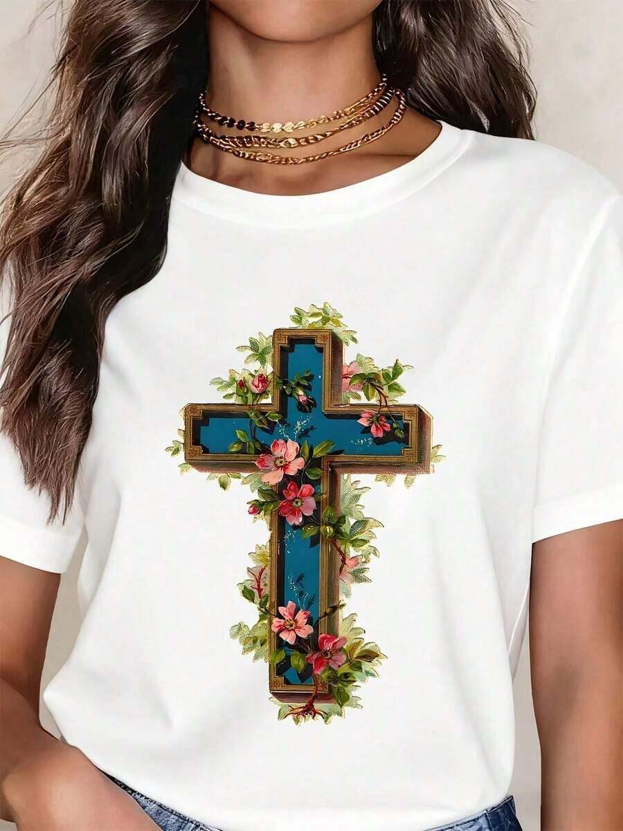 White T-Shirt With Floral Cross Print, Christian Religious Design For Casual Wear And Everyday Outfits - 白色 - 查看 1