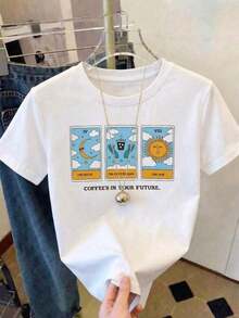 100% cotton Camiseta de manga corta con cuello redondo para damas al estilo casual, con estampado de cartas de tarot blancas y lema de café, adecuada para uso diario - Blanco - Ver 1