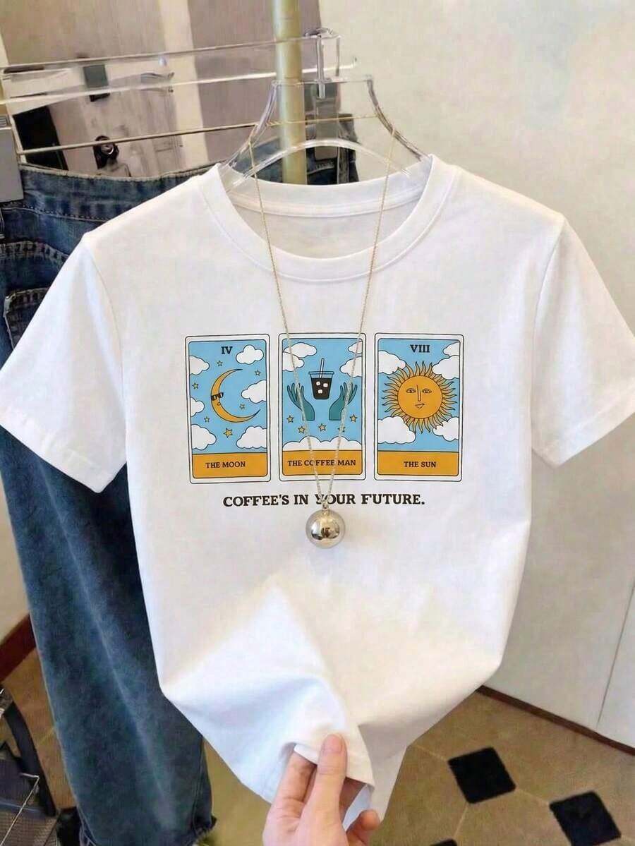 100% cotton Camiseta de manga corta con cuello redondo para damas al estilo casual, con estampado de cartas de tarot blancas y lema de café, adecuada para uso diario - Blanco - Ver 1