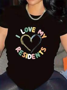 "I Love My Residents" Design T-Shirt, Ideal For Nursing Homes, Durable And Comfortable, Perfect For Caregivers In Hospitals Or Clinics, Lightweight And Breathable Fabric, Stylish T-Shirt With Heart Graphic For Work Environments - 黑色 - 查看 1