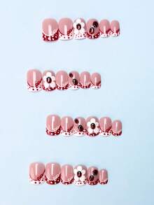 24pcs Short Square 3D Nail Stickers, Create Spring/Summer Themed Nails, Patterns Include Cute Ladybug, Red & White Polka Dots, Bow Flower Decor, Adorable French Style Nail Stickers, Nail Art Set Includes Jelly Gel And Nail File, Suitable For Women And Girls Daily, Holiday And Party Occasions - Multicolor - View 3