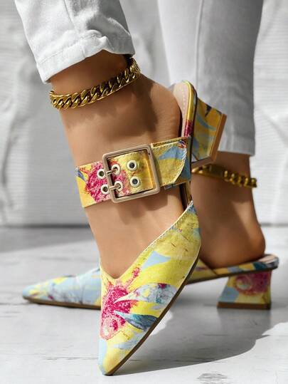 Women's Mary Jane Shoes, Pointed Toe Mid Heel, Buckle Strap, Comfortable Slip-On, PU Leather, Elegant For Commuting And Daily Wear