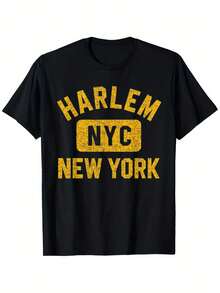 Camiseta unisex estilo Harlem New York con estampado ámbar desgastado - Camiseta vintage de manga corta y cuello redondo, con el icónico logo de Harlem New York, hecha de tela de poliéster lavable a máquina, adecuada para uso casual, deportivo y diario en Nueva York, ropa cómoda para todas las estaciones, camisa elegante ideal para fiestas. - Negro - Ver 1
