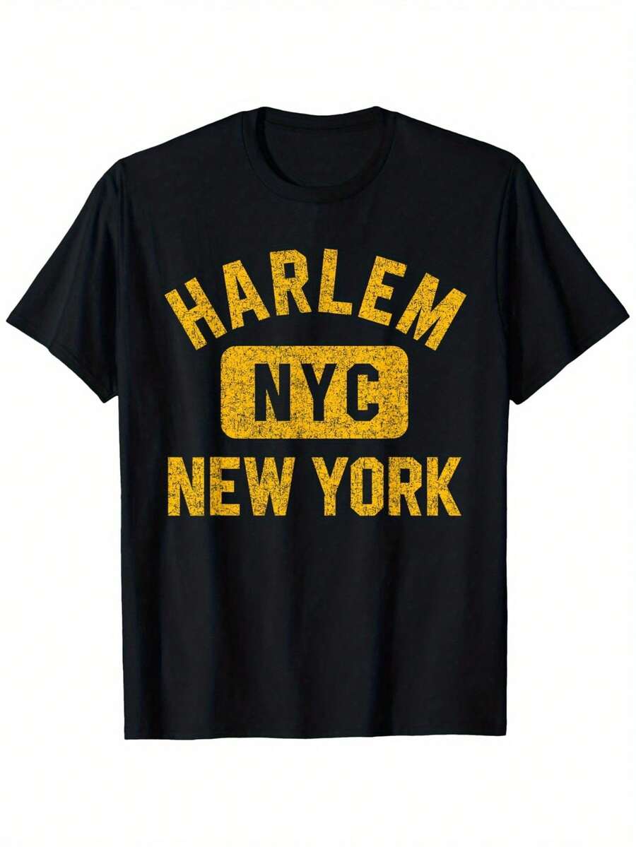 Camiseta unisex estilo Harlem New York con estampado ámbar desgastado - Camiseta vintage de manga corta y cuello redondo, con el icónico logo de Harlem New York, hecha de tela de poliéster lavable a máquina, adecuada para uso casual, deportivo y diario en Nueva York, ropa cómoda para todas las estaciones, camisa elegante ideal para fiestas. - Negro - Ver 1