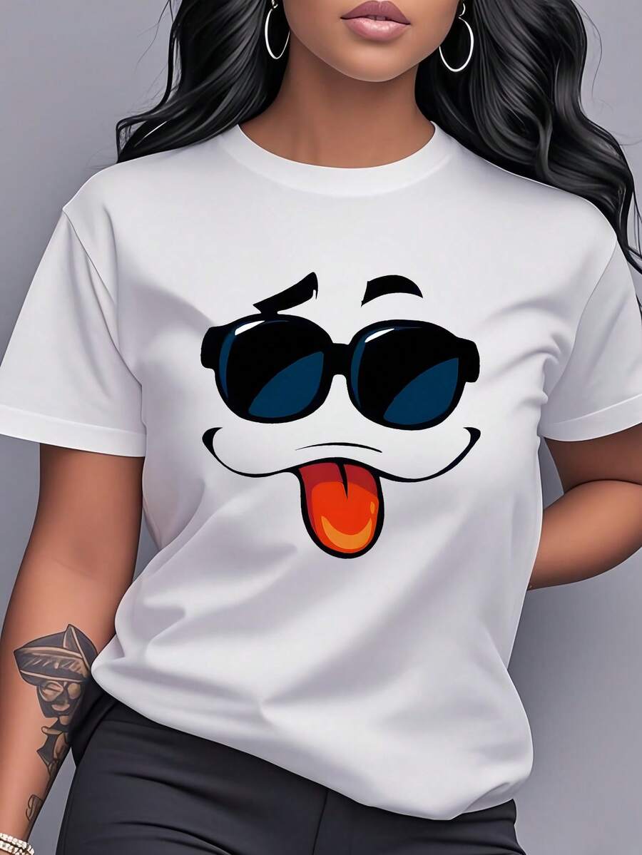 Women's Short-Sleeved T-Shirt In Pure Cotton, Featuring A Round Neck And A Fun Print Of A Big-Eyed Cartoon Character. This Women's Short-Sleeved, Round-Neck Top Boasts Cute And Original Animal Designs That Highlight Individuality And Urban Style. A Unique Design For Anime Enthusiasts, Radiating Youthful Energy. A Fun And Stylish Item, Comfortable And Versatile, A Summer Essential. Fresh And Simple Style, Full Of Vitality. - 白色 - 查看 1