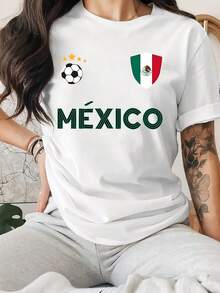 Plus Size Women's Casual Crew Neck T-Shirt, Casual T-Shirt With Mexican Flag And Soccer Graphic - Breathable And Stretchy Fabric, Crew Neck, Machine Washable, Comfortable For All Seasons, For Sports And Casual Wear, Leisure Sportswear, Non-See-Through Material, Suitable As A Daily Gift Or For Valentine's Day, Easter And For Soccer Fans. - 白色 - 查看 1