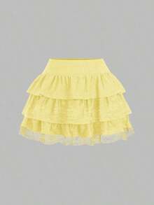 Falda con volantes en capas estilo A con tela texturizada negra y encaje en contraste, estilo evasé y estilizador, inspirado en la década 2000 - amarillo ganso - Ver 7