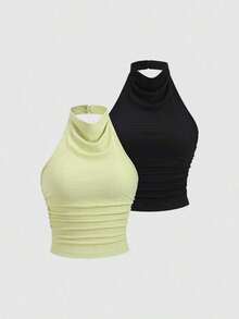 piezas Nuevo top sin espalda elegante y sexy con cuello halter y drapeado, unicolor verde/negro, casual y versátil Y2K - Multicolor 4 - Ver 1