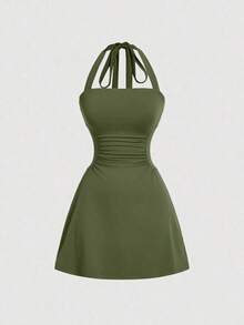 Vestido de línea A sencillo de unicolor para mujer con cintura fruncida y diseño de halter en forma de V - Verde - Ver 1