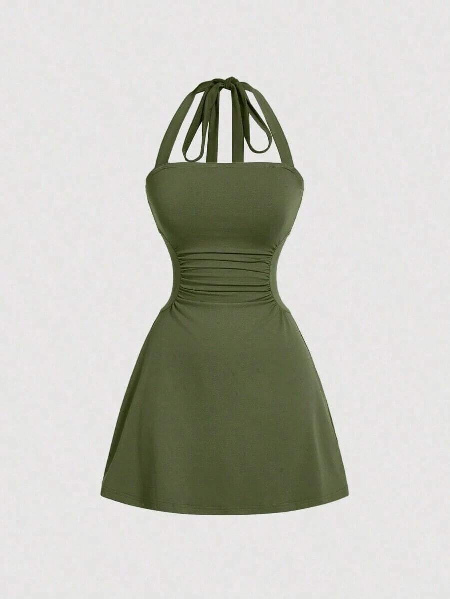 Vestido de línea A sencillo de unicolor para mujer con cintura fruncida y diseño de halter en forma de V - Verde - Ver 1