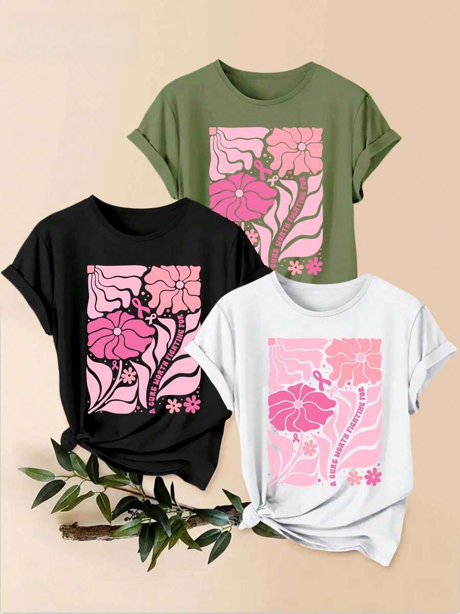 Women's T-Shirt, 1-Piece Set With An Abstract Art Pattern Composed Of Pink Flowers And Ribbons. 1 Beautiful Women's Garment, A Stylish Casual Sporty Gift, Machine Washable, Short-Sleeved Top With A Round Neck. - 1件黑色隨機圖案 - 查看 1