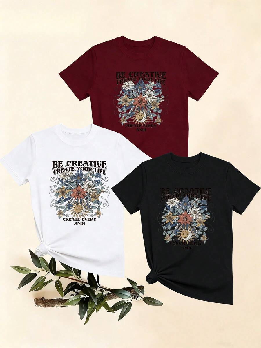 Women's T-Shirts, Women's T-Shirts, One-Piece T-Shirt With Creative Floral Print, Casual Short-Sleeved Top With Round Neck, Comfortable And Fashionable Top With Custom Text Pattern. - 1件黑色隨機圖案 - 查看 1