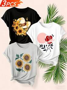 Women's T-Shirts, Women's T-Shirts, [New Product 2026] Printed Crew Neck T-Shirt For Mother's Day, 1-Piece Set, Available In Various Colors And Prints, Casual, Fashionable Top, Made Of Soft, Breathable, And Machine-Washable Material, Suitable For Home Or Outdoor Wear. Basic T-Shirt For Women. - 1件黑色隨機圖案 - 查看 6