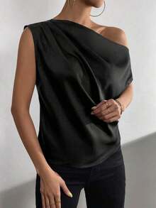 Blusa de satén con cuello asimétrico y hombro descubierto - Negro - Ver 4