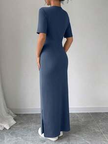 Vestido largo de mujer de manga corta con cuello en V y bajo dividido, de unicolor, vestido maxi elegante de color burdeos, vestido largo ajustado, vestido largo rojo, vestido maxi de manga corta para mujer, vestidos de mujer, vestido largo ajust - Azul marino - Ver 2