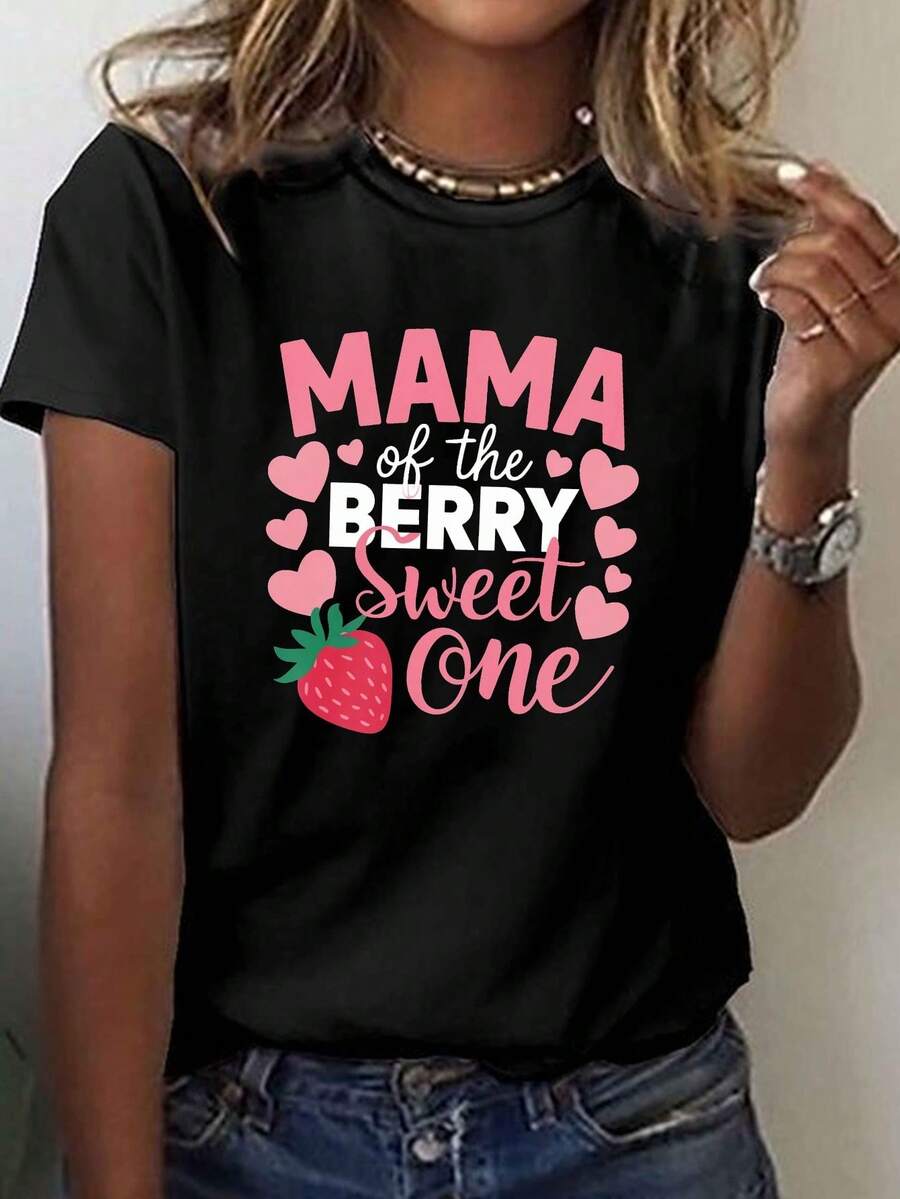 Mama T-Shirt By The Berry Sweet One, Short Sleeve Crew Neck, Casual Top For Summer And Spring, Women's Clothing - 黑色 - 查看 1
