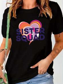 One Piece, Classic And Versatile, Pure Cotton Short-Sleeved T-Shirt With Sister SQUAD & Heart Print, Modern Style, Suitable For Wearing In Any Season - 黑色 - 查看 1