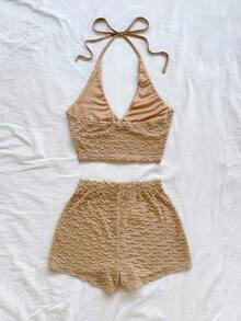 a Conjunto de 2 piezas de top de punto texturizado con escote en V y tirantes finos de color amarillo claro, y shorts, estilo romántico y campestre, bohemio, floral romántico, para vacaciones - Caqui - Ver 2