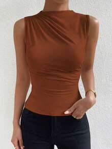 Camiseta sin mangas de corte slim con pliegues de unicolor minimalista para uso diario en verano para mujeres - Marrón Mocha - Ver 5