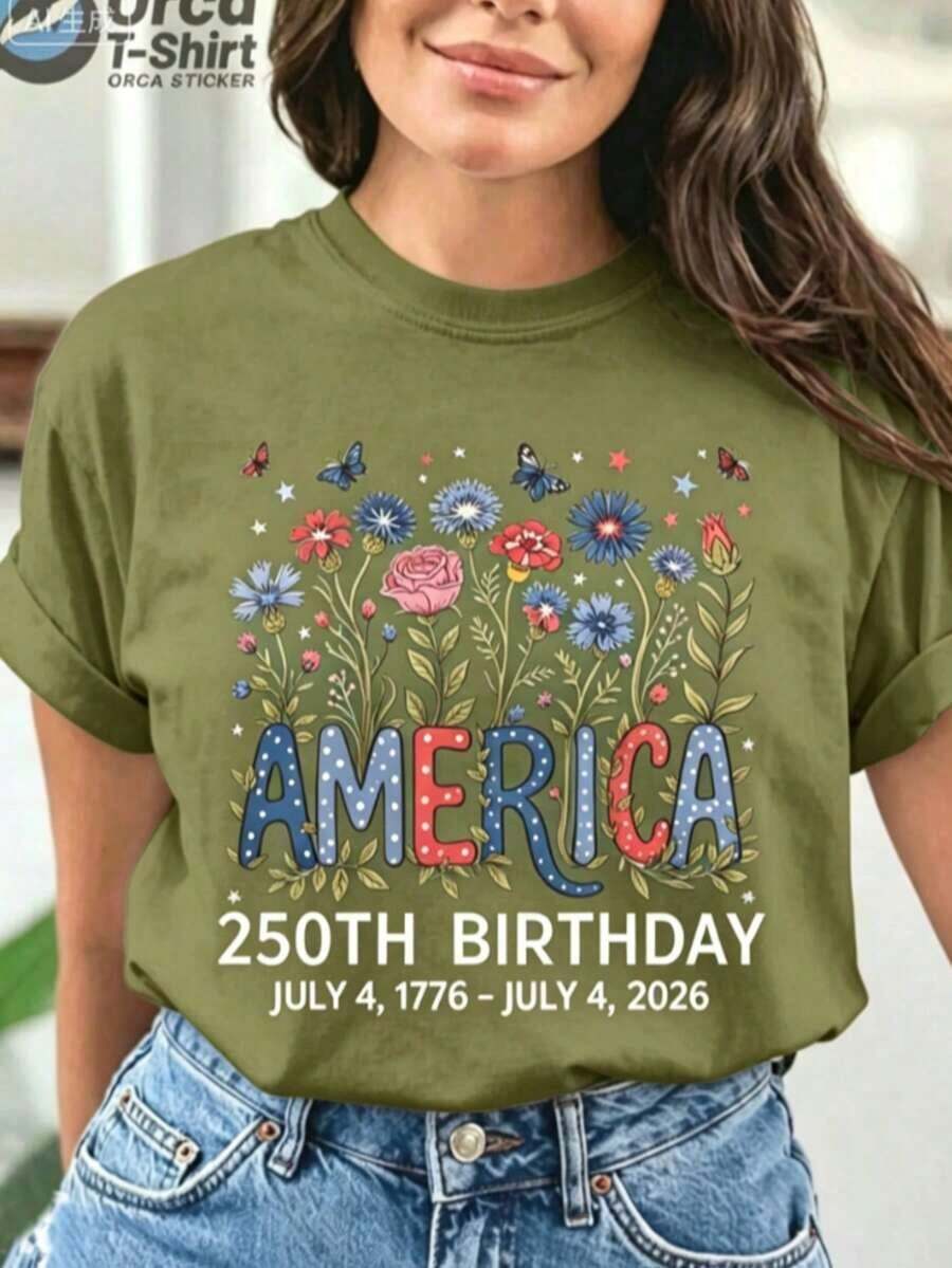 Playera Graphic Tee USA 250th Anniversary Con Diseño Floral, Letras En Azul Rojo Y Blanco Con Mariposas Y Flores, Cuello Redondo Y Ajuste Casual Plus Size, Ideal Para Día De La Independencia Y Reuniones De Verano, 100% Algodón Transpirable - Verde - Ver 1