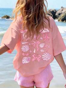 1 pieza de camiseta de estilo lindo para adolescentes, top con estampado de océano, ropa casual para exteriores para primavera y verano, tops de mujer, camisetas.tops de mujer camisetas - Estilo - Ver 9