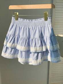 Falda pantalón para mujeres para conciertos campestres, blanca, de tejido, con cintura elástica y volantes en el bajo con silueta evasé - Celeste 2 - Ver 6