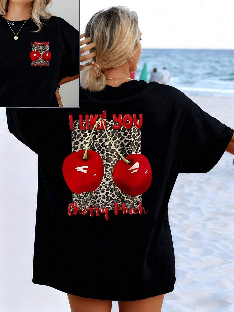 Two Bright Red Cherries On An Animal Print Background Symbolize Passion, Energy, And Sweetness Combined With A Cheerful Message That Conveys Love And Confidence. Women's Double-Sided Casual Modern T-Shirt - 黑色 - 查看 1